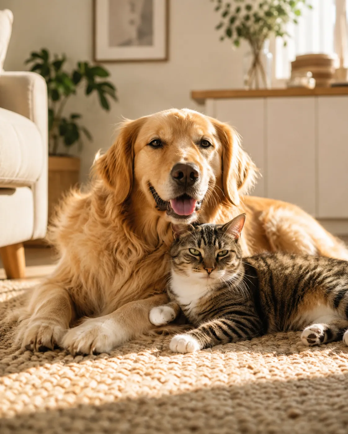Happy dog and cat relaxing together in a warm, sunlit home